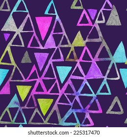 Seamless watercolor pattern with triangles. Triangles pattern of geometric shapes Vector illustration. Bright shapes and dark backdrop.
