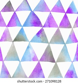Seamless watercolor pattern with triangles. Triangles pattern of geometric shapes. Vector illustration. Bright shapes and white backdrop.