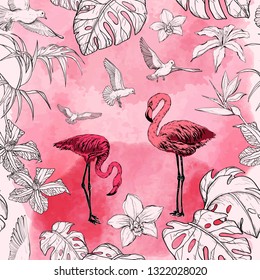 Seamless watercolor pattern with tropical flowers and flamingo birds. Vector illustration.