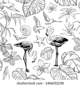 Seamless watercolor pattern with tropical flowers and flamingo birds. Vector illustration.