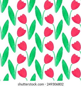 Seamless watercolor pattern with tulips on the white background, aquarelle.  Vector illustration. Hand-drawn background. Original floral background. Useful for invitations, scrapbooking, design.