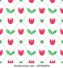 Seamless watercolor pattern with tulips on the white background, aquarelle.  Vector illustration. Hand-drawn background. Original floral background. Useful for invitations, scrapbooking, design.