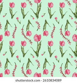 Seamless Watercolor Pattern of Tulips on Light Background