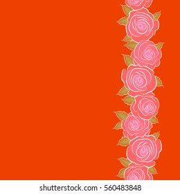 Seamless watercolor pattern of vertical abstract vector green, pink and orange rose flowers and copy space (place for your text).