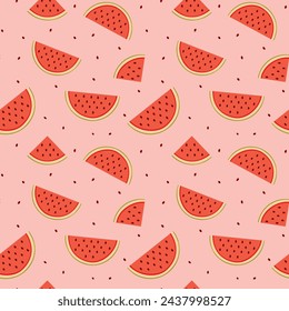 Seamless watercolor pattern with watermelon slices on peachy pink background. Vector summer design