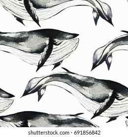 Seamless watercolor pattern with whales. Vector seamless background. Watercolor illustration.