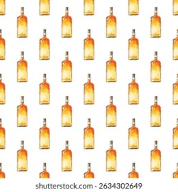 Seamless watercolor pattern of whiskey bottles on white. Perfect for bar decor, packaging, or invitations. Rich amber tones add elegance, sophistication, and a festive vibe.