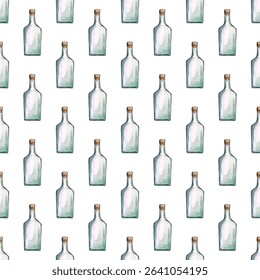 Seamless watercolor pattern of whiskey bottles on white. Perfect for bar decor, packaging, or invitations. Rich amber tones add elegance, sophistication, and a festive vibe.