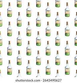 Motif harmonieux à l'aquarelle de bouteilles de whisky sur fond blanc. Idéal pour les décorations de bar, les emballages ou les invitations. De riches tons ambrés ajoutent élégance, sophistication et une ambiance festive.