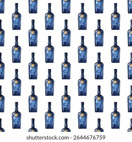 Motif harmonieux à l'aquarelle de bouteilles de whisky sur fond blanc. Idéal pour les décorations de bar, les emballages ou les invitations. De riches tons ambrés ajoutent élégance, sophistication et une ambiance festive.