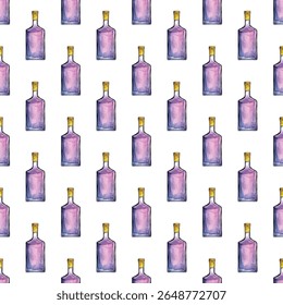 Seamless watercolor pattern of whiskey bottles on white. Perfect for bar decor, packaging, or invitations. Rich amber tones add elegance, sophistication, and a festive vibe.