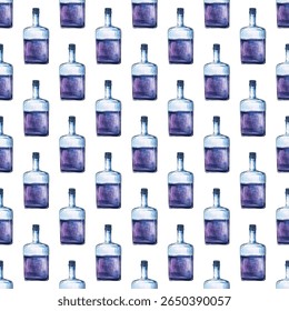 Seamless watercolor pattern of whiskey bottles on white. Perfect for bar decor, packaging, or invitations. Rich amber tones add elegance, sophistication, and a festive vibe.