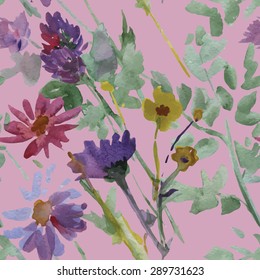 Seamless watercolor pattern with watercolor wildflowers. 