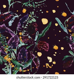 Seamless watercolor pattern with wildflowers. Vector illustration on dark background.