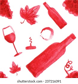 Seamless watercolor pattern with wine stuff on the white background, aquarelle.  Vector illustration. Hand-drawn background.Original wine theme background.Useful for invitations, scrapbooking, design.