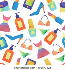 Seamless watercolor pattern of women fashion icons. Vector illustration.