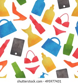 Seamless watercolor pattern of women fashion icons. Vector illustration.