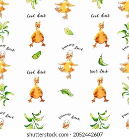Seamless watercolor patterns with ducks. Hand draw full color vector illustration for fabric, design.