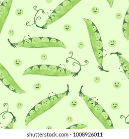 Seamless watercolor pea pattern. Vector background with green cartoon peas and pods