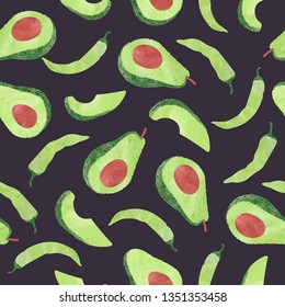 Seamless watercolor pepper and avocado pattern. Vector background.