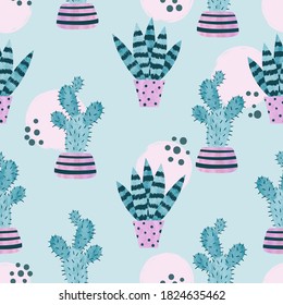 Plantas acuáticas sin foco en el patrón de las macetas. Impresión vectorial de cactus.