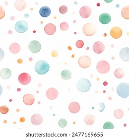 Seamless watercolor polka dot pattern. Playful and versatile vector pattern of scattering of hand-painted watercolor polka dots in a variety of soft colors, including blush pink, lavender, mint green