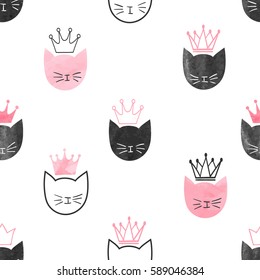 Seamless watercolor princess cats pattern. Vector background for kids design. 