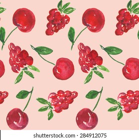 Seamless watercolor raspberry cherry pattern Vector  illustration eps10 