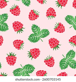 Seamless watercolor raspberry pattern. Vector illustration with berries and leaves