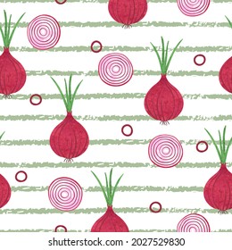 Seamless watercolor red onion pattern. Vegetable vector  striped background.