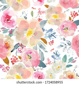 Seamless watercolor romantic floral pattern on a white background. Vector format. White Background. - Shutterstock ID 1724058955