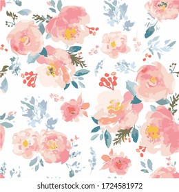 Seamless watercolor romantic floral pattern on a white background. Vector format. White Background.