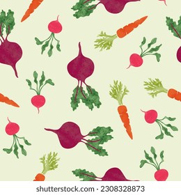 Seamless watercolor root vegetables pattern with carrot, beet and radish. Vector background