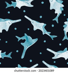 Seamless watercolor sawfish pattern. Vector marine background with cartoon rays.