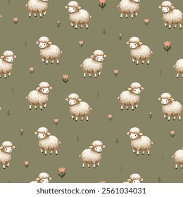 seamless watercolor sheep pattern cute lambs floral grass decorative design nature meadow spring animal wool farm print texture soft pastel whimsical illustration background gentle playful countryside