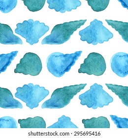 Seamless watercolor shells pattern. Various watercolor shells on white background. Boundless background for your design.