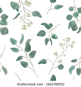 Seamless watercolor silver dollar eucalyptus repeat pattern. Floral design with branches and leaves. Elegant and beautiful, perfect for textile prints, wrapping paper printing, invites, wallpaper, pac