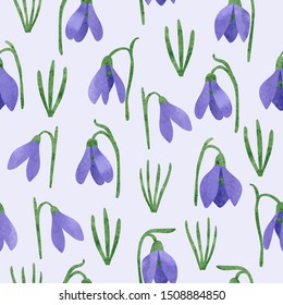 Seamless watercolor snowdrops pattern. Vector spring floral background.
