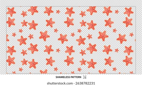 Seamless watercolor starfish pattern with orange sea stars on transparent background