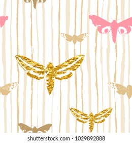 Seamless watercolor stripes background with butterflies 