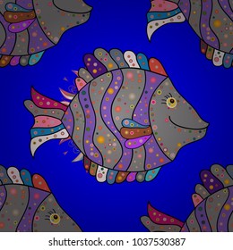 Seamless. Watercolor texture fish pattern. Blue, gray and violet. Vector illustration.