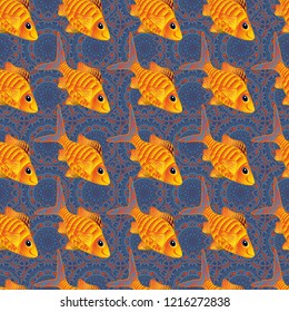 Seamless watercolor texture fish pattern in orange, violet and yellow colors. Vector illustration.