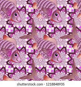 Seamless watercolor texture fish pattern in pink, violet and purple colors. Vector illustration.