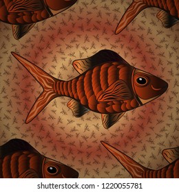 Seamless watercolor texture fish pattern in orange, brown and magenta colors. Vector illustration.