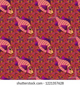 Seamless watercolor texture fish pattern in orange, magenta and purple colors. Vector illustration.