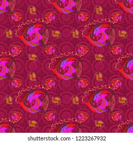Seamless watercolor texture fish pattern in purple, red and magenta colors. Vector illustration.