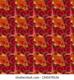 Seamless watercolor texture fish pattern in orange, red and brown colors. Vector illustration.