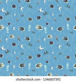 Seamless watercolor texture fish pattern in beige, gray and blue colors. Vector illustration.