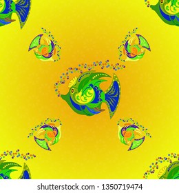 Seamless watercolor texture fish pattern in yellow, green and orange colors. Vector illustration.