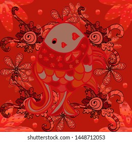 Seamless. Watercolor texture fish pattern. Vector illustration. Red, orange and brown.